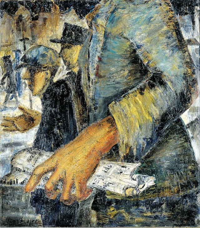 June Wayne, "Waiting for Newspapers" (1936).  Oil on canvas. The June Wayne Collection, courtesy Louis Stern Fine Arts.