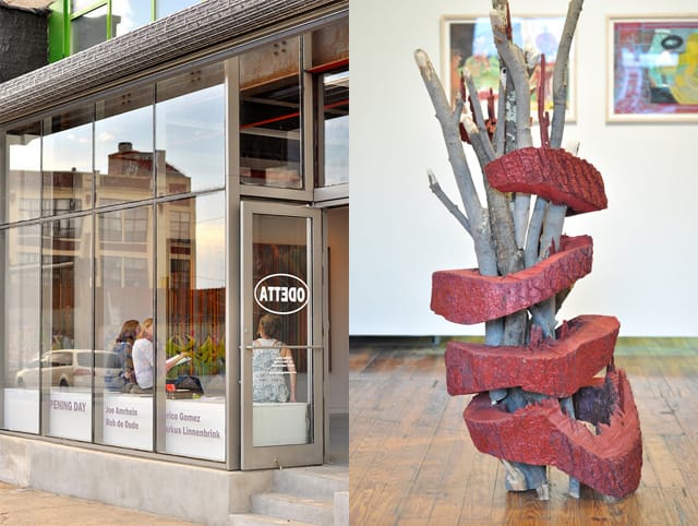 Left, Odetta gallery opening on Saturday, while a work by Brent Owens is on display at "South Bushwick Art" gallery Wayfarers.