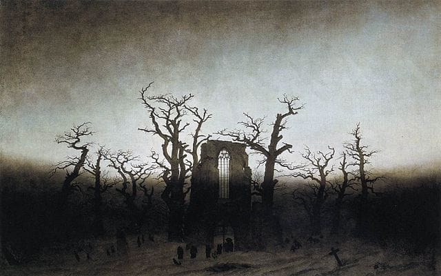 Caspar David Friedrich, "Abbey among Oak Trees" (1809-10), oil on canvas (via Alte Nationalgalerie)