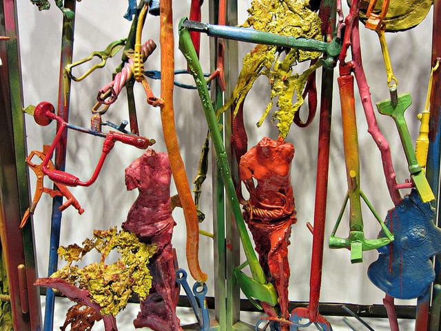 Jim Dine, "The Garden of Eden" (detail) (2003), stainless steel frame with painted bronze elements