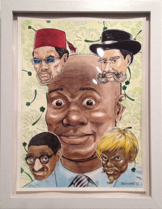 Kevin Darmanie, "Secret Identities," ink and watercolor on paper, 9 x12 in framed (click to enlarge)