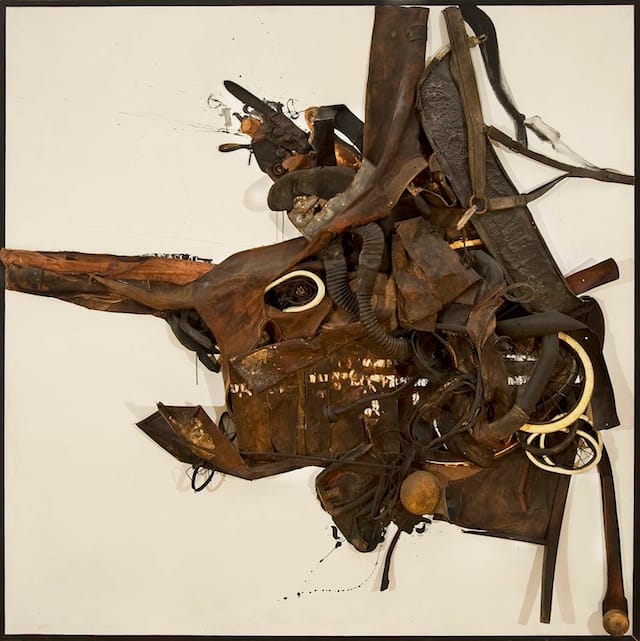 Nancy Grossman (b.1940) Hitchcock, 1965 mixed media assemblage on canvas mounted on plywood 73 5/8 x 73 5/8 x 7 inches, with artist’s frame signed and dated Credit Line: Courtesy of Michael Rosenfeld Gallery LLC, New York, NY