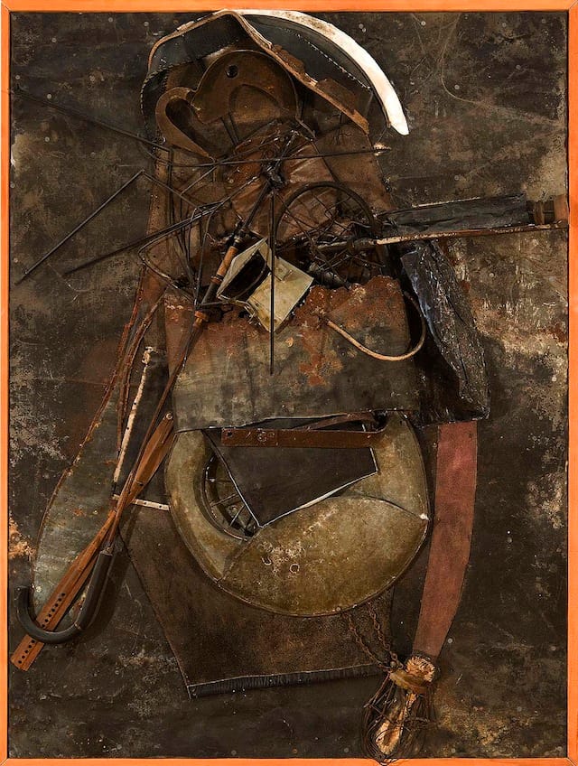 Nancy Grossman (b.1940) Scarab, 1964 mixed media assemblage mounted on wood 49 5/8 x 37 5/8 x 11 inches, with artist’s frame signed and dated Credit Line: Courtesy of Michael Rosenfeld Gallery LLC, New York, NY