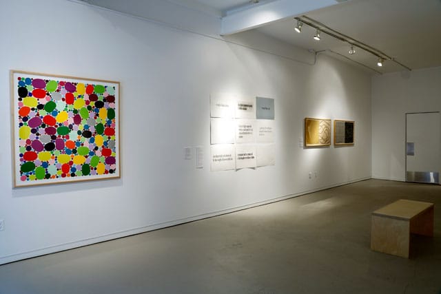 Installation view, 'PRESS: Artist & Machine,' with Polly Apfelbaum's "Dogwood Leap #8" (2009), hiromi handmade DHM-11 triple thick paper, on far left