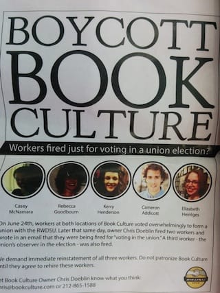 One of the flyers advocating a boycott against Book Culture (photo courtesy Bwog)