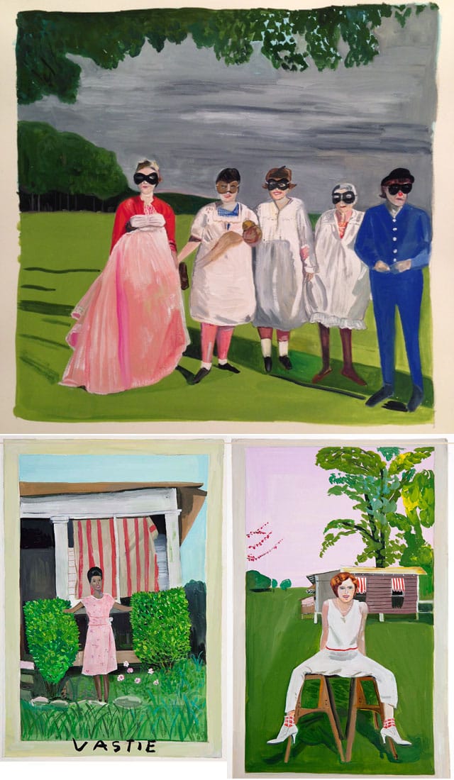 Maira Kalman, clockwise, starting from top: "Arbus, Girls Standing on Lawns" (2013), gouache on paper, 9 x 9” image; "Girl in White" (2013), gouache on paper, 10 x 6 ¼” image; "Girl with Hands in Hedge" (2013), gouache on paper, 10 x 7” image (all images © Maira Kalman, courtesy Julie Saul Gallery, New York)