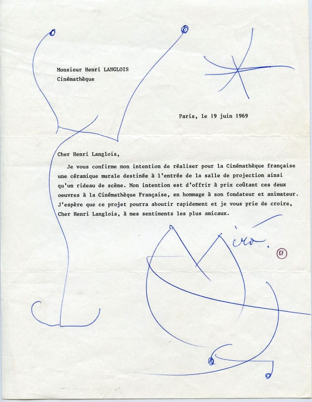 Lettre de Joan Miro to Henri Langlois, 19 juin 1969