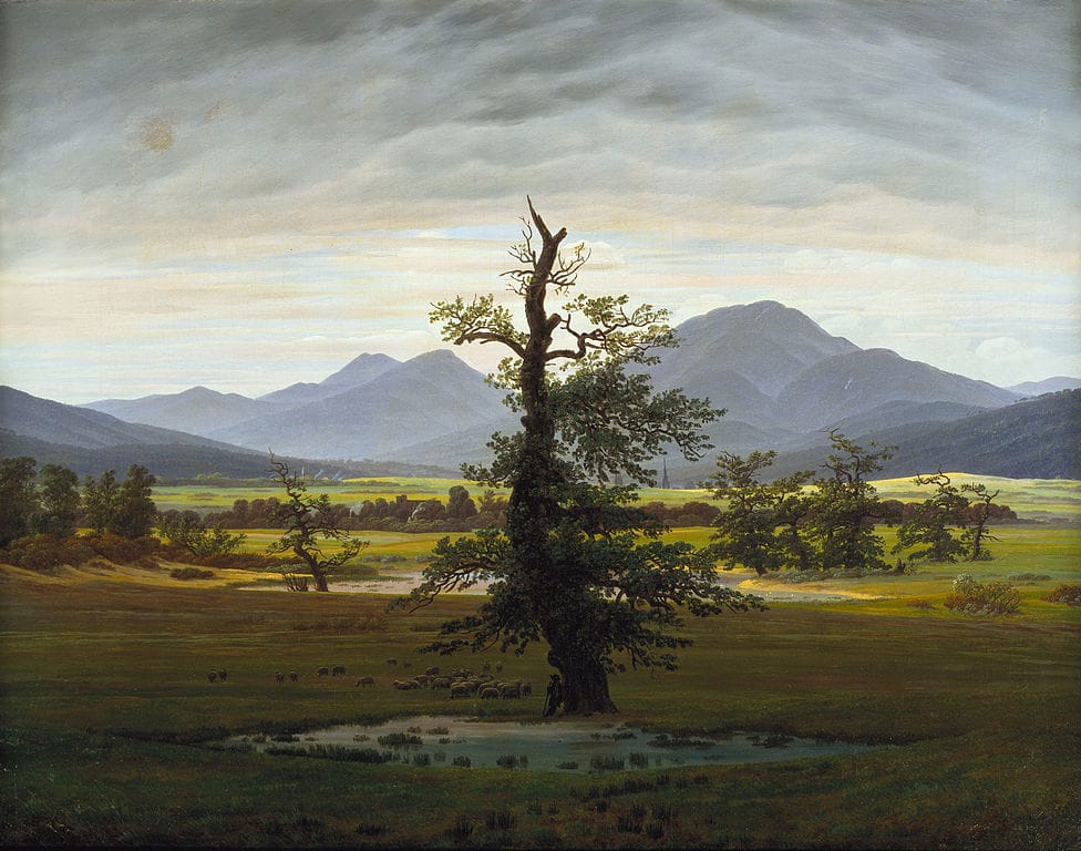 Caspar David Friedrich, "Village Landscape in Morning Light (The Lone Tree)" (1822), oil on canvas (via Alte Nationalgalerie)