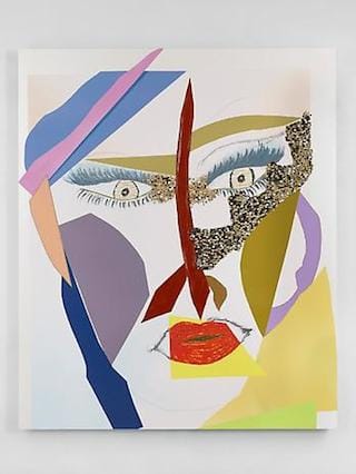 Mickalene Thomas, "Untitled #3" (2014), enamel, acrylic, oil paint, glitter, rhinestones, oil pastel, dry pastel, graphite, and silk screen on wood panel, 96 x 80 inches (via lehmannmaupin.com)