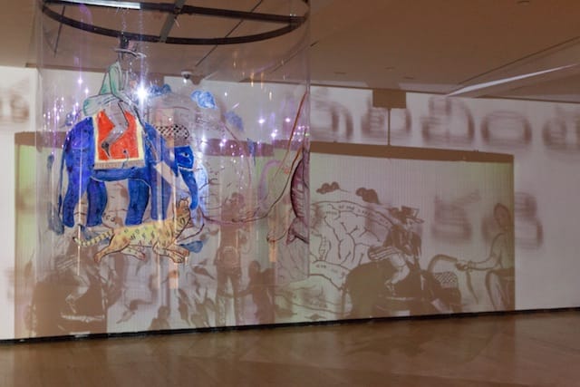 Installation view of "Transgressions II," a 2009 video/shadow play from the Asia Society Museum Collection, currently on view in "Nalini Malani: Transgressions." (image courtesy of Eileen Costa/Asia Society)