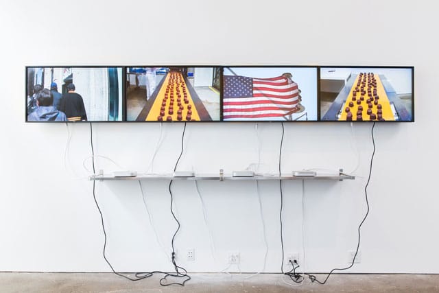 Installation view of Oscar Murillo’s 2014 solo show, 'A Mercantile Novel,' at David Zwirner, New York (photo by Scott Rudd) (click to enlarge)