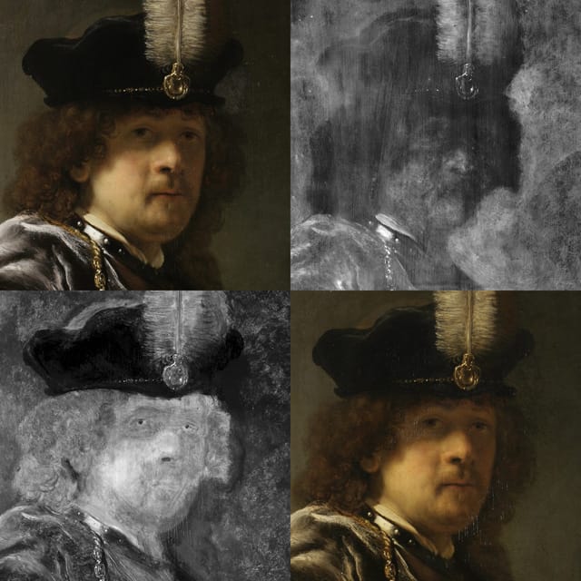 The "new" Rembrandt, top left, post cleaning, top right, x-ray image, bottom left,  infrared image, and, bottom right, pre-cleaning painting. (photo credit Brian Cleckner, courtesy National Trust)