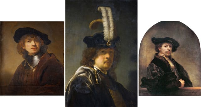 The "new" Rembrandt self-portrait adjacent to a self-portrait from 1634 at the Uffizi Gallery in Florence (left) and another self-portait from 1640 at London's National Gallery. (all images courtesy Wikipedia)