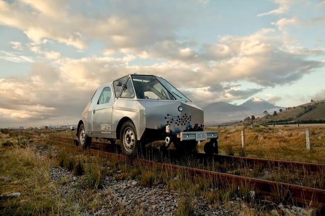 Ivan Puig and Andrés Padilla Domene, SEFT-1 with Citlaltépetl in the background in the exhibition SEFT-1 Abandoned Railways Exploration Probe - Modern Ruins 1:220 presented by The Arts Catalyst and Furtherfield, London June 2014