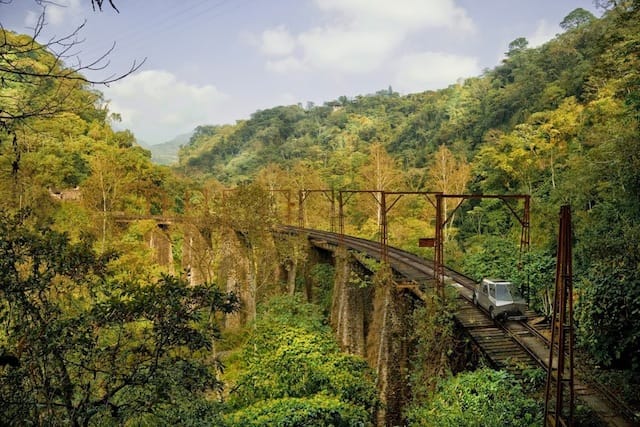 Ivan Puig and Andrés Padilla Domene, SEFT-1 over metal bridge in the exhibition SEFT-1 Abandoned Railways Exploration Probe - Modern Ruins 1:220 presented by The Arts Catalyst and Furtherfield, London June 2014