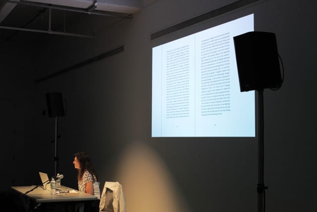 Frances Stark, Artists on Artists, Dia Art Foundation, 535 West 22nd Street, New York City, June 16, 2014 (photo by Erin Goldberger)