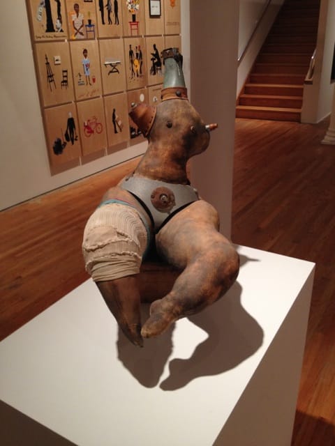 John Outterbridge, "Untitled" (c. 1974–76),  canvas, thread, metal (tin faucet for the head, aluminum for belt), rag cloth, leather, wood, polyester glue, shoe dye, and acrylic paint, 26 × 17 × 19 in (collection of Dr. Vaughn Payne)