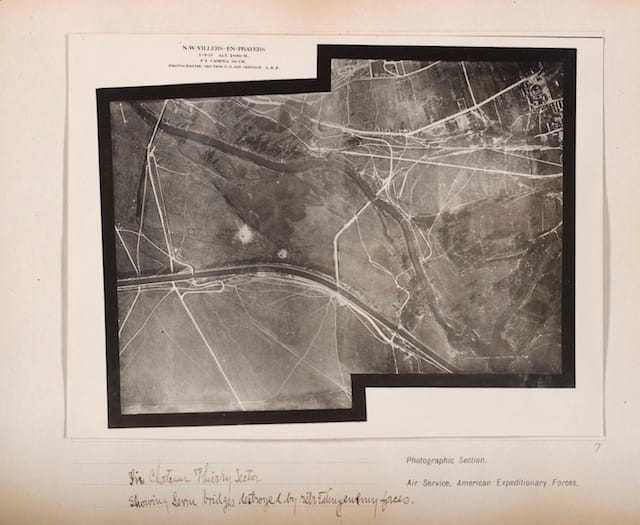 In Chateau Thierry Sector showing service bridges destroyed by retreating enemy forces, September 7, 1918 Gelatin silver print, from loose-leaf album of aerial photographs from the Photographic Section, Air Service, American Expeditionary Forces, World War I . The Art Institute of Chicago, gift of William Kistler. © 2014 The Estate of Edward Steichen/Artists Rights Society (ARS), New York.