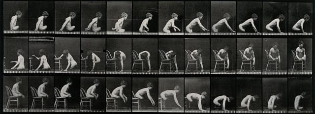A double amputee climbing on to a chair, descending from a chair and moving. Photogravure after Eadweard Muybridge, 1887. (via Wellcome Library)