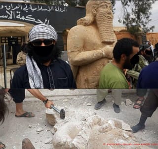 Photos showing what appears to be ISIS militants destroying ancient Assyrian stateus. (via apsa2011.com) (click to enlarge)