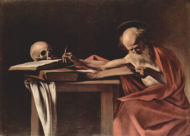 Caravaggio, "Saint Jerome in his Study" (1605-06), oil on canvas (Galleria Borghese, via Wikimedia)