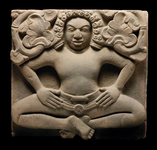 Yaksha, sandstone, H. 26 3/4 in (68 cm), W. 27 9/16 in (70 cm), D. 6 5/16 in (16 cm), lent by Museum of Cham Sculpture, Da Nang, Vietnam (photo by Thierry Ollivier)