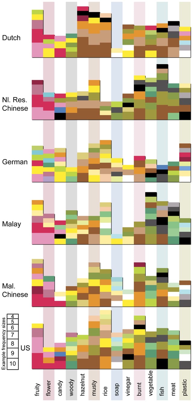 Color congruency for each odor in each culture chart (via "Cross-Cultural Color-Odor Associations" in PLoS One)