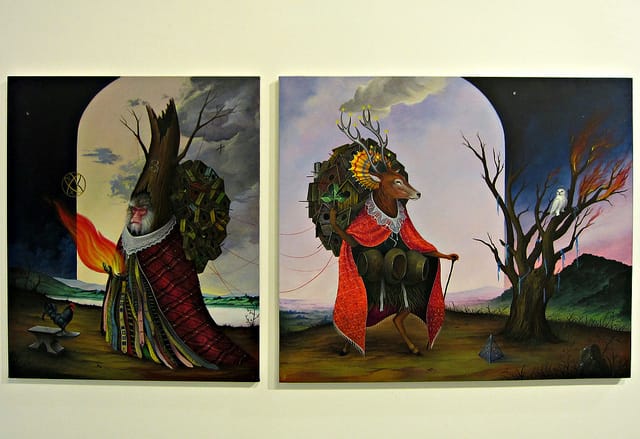 El Gato Chimney, "Hermit of the Stars" (2014), acrylic on canvas; "The Catcher" (2014), acrylic on canvas