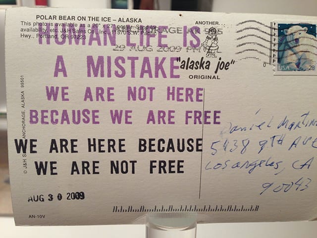 Daniel Joseph Martinez, "She could See Russia from Her House, Those who wish for peace should prepare for war! - Old          Sasquatch Proverb (In search of the Tribe Called Sasquatch, or who really built the Alaskan Oil Pipline) 16 Communiques and found photographs from traveling the length and breadth of Alaska during the month of August, 2009-2010" (detail), postcard, mirrors, Plexiglas rods