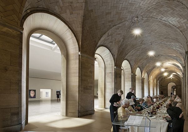 The vaulted underground walkway, long closed to visitors, will become a space for art and events, with  entrances at the north (Kelly Drive) and south (Schuylkill River) sides of the building (rendering © Gehry Partners, LLP)