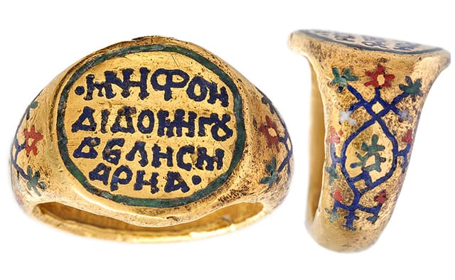 Ever wonder what engagement rings looked like in history? This gold and enamel engagement ring with a Greek Inscription (c. 1175–1300 CE)  (image courtesy of the National Archaeological Museum, Athens, via Getty Iris Blog)