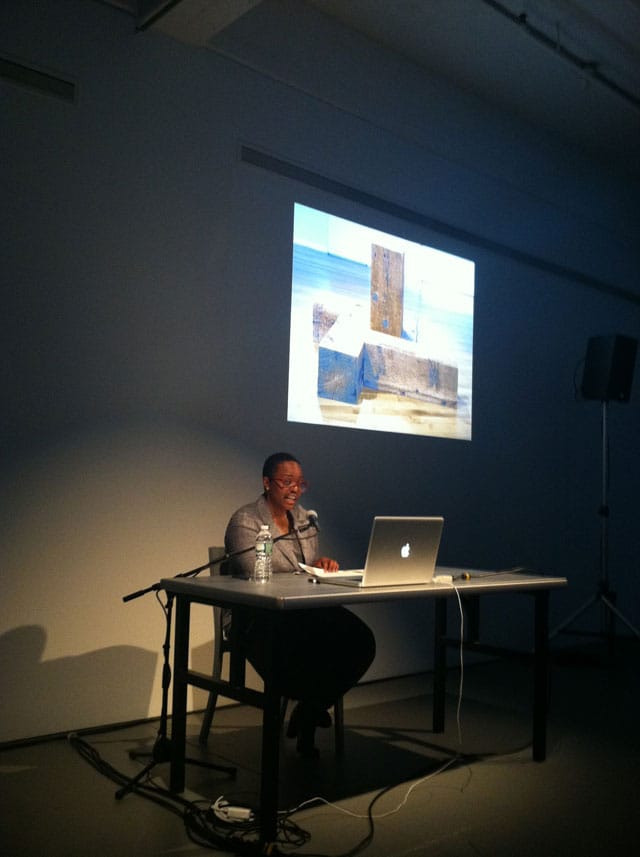 Leslie Hewitt delivering her lecture on Carl Andre (photo by the author for Hyperallergic)