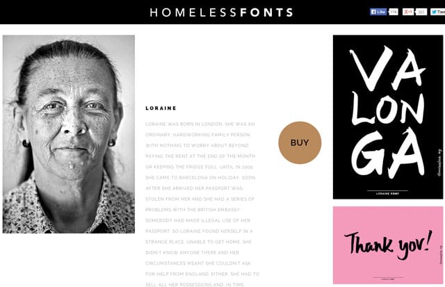 Loraine's page on Homeless Fonts, with her typeface in use on the right (via homelessfonts.org)