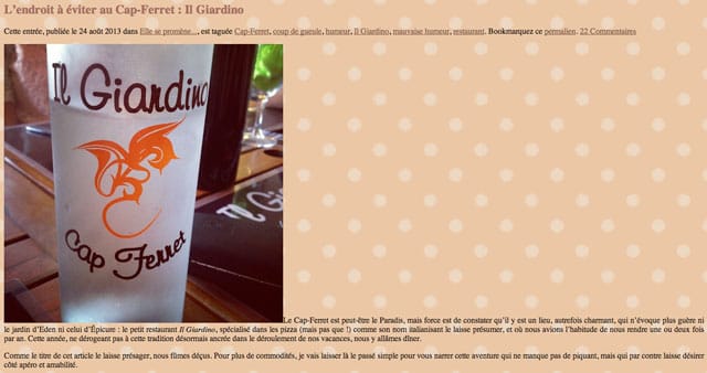Screenshot of cached version of Caroline Doudet's negative review of Il Giardino (via web.archive.org)