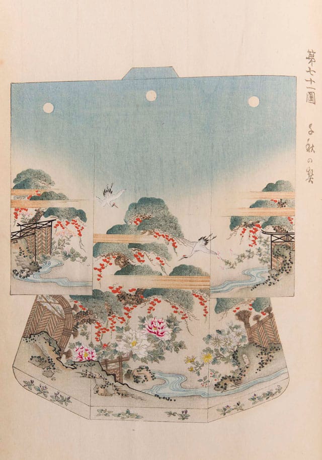 The elegant hand-inked and hand-bound kimono pattern books first appeared in 1666, and served as reference works for kimono designers and makers centered in Kyoto.