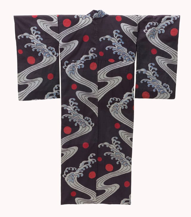 Woman’s Unlined Kimono (hitoe) with Waves and Dots (Japan, early Shōwa period, c. 1935), silk crepe (omeshi meisen), stencil-printed warp (hogushi-gasuri meisen), aluminum-leaf-paper-wrapped rayon supplementary weft, Costume Council Fund