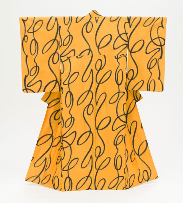 Woman’s Kimono with Undulating Vertical Lines Japan (mid-Shōwa period, c. 1950), silk plain weave, stencil-printed warp and weft (heiyō-gasuri meisen), Costume Council Fund (photo © 2014 Museum Associates/LACMA)