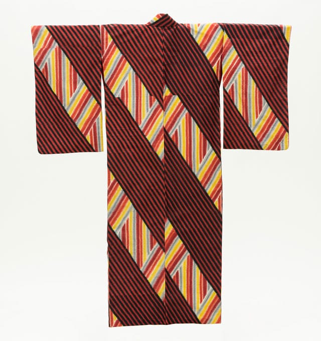 Woman’s Kimono with Diagonal and Vertical Stripes (Japan, mid-Shōwa period, c. 1950), silk plain weave, stencil-printed warp and weft (heiyō-gasuri meisen), purchased with funds provided by Grace Tsao