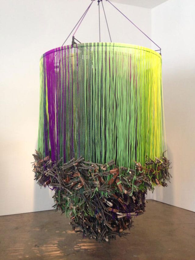 Andrea Bowers, "Memorial to the Acadia Woodlands Clear Cut (Green, Violet and Brown)" (2014), metal, paracord rope, and wood