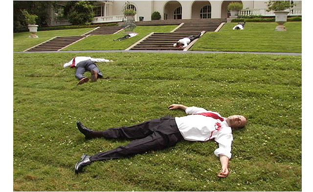Laura Parnes, still from "The Only Ones Left" (2006). Digital c-print, 20x30". Pictured (left to right) Eric Heist, Josh Singer, Josh Greene, Jeff Raz, Scott Slapin. Image via LauraParnes.com.