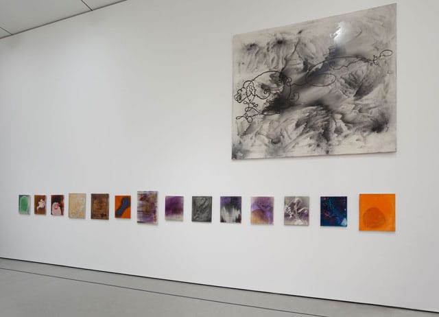 Installation view, 'Alibis: Sigmar Polke 1963–2010,' Museum of Modern Art, April 19–August 3, 2014, with "Velocitas-Firmitudo" (1986) at top left (© 2014 The Museum of Modern Art, photo by Jonathan Muzikar) (all works by Sigmar Polke © 2014 The Estate of Sigmar Polke / Artists Rights Society [ARS], New York / VG Bild-Kunst, Bonn, Germany) (click to enlarge)