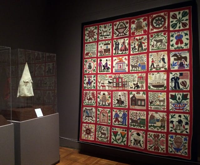 Lucinda Ward Honstain of Brooklyn commemorated the Civil War and chronicled post-war life in her remarkably detailed quilt, which is the most expensive quilt ever sold at auction. It fetched $264,000 at Sotheby’s in 1991. Lucinda Ward Honstain (1820-1904), “Reconciliation Quilt” (1867), cotton, appliquéd. (International Quilt Study Center & Museum, University of Nebraska-Lincoln)