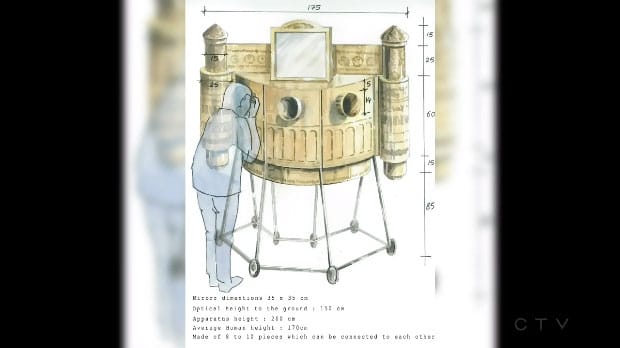 Sadaf Foroughi's rendering of her peep box currently being held by Canadian customs (screenshot via montreal.ctvnews.ca)