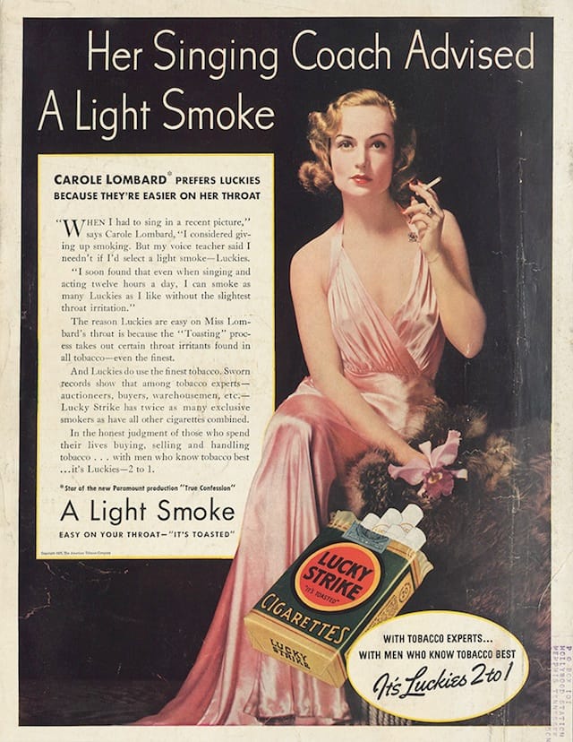 Carole Lombard endorses Lucky Strike (1937) (courtesy the William Van Duyn Tobacco Advertisement Collection, Medical Historical Library, Harvey Cushing/John Hay Whitney Medical Library, Yale University)