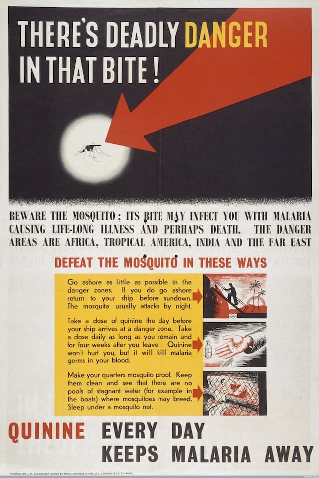 L0024907 The malaria mosquito under a spotlight, with scenes showing Credit: Wellcome Library, London. Wellcome Images images@wellcome.ac.uk http://wellcomeimages.org The malaria mosquito under a spotlight, with scenes showing how to avoid catching malaria. Colour lithograph after a design attributed to Reginald Mount. By: Reginald MountPublished:  -  Copyrighted work available under Creative Commons Attribution only licence CC BY 4.0 http://creativecommons.org/licenses/by/4.0/