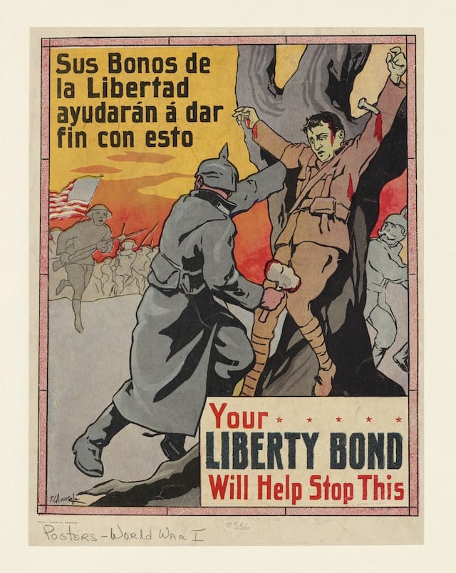 Your Liberty Bond Will Help Stop This—Sus bonos de la libertad ayudarán á dar fin con esto. F. C. Amorsolo. Manila: Bureau of Printing, 1917. The New York Public Library, Picture Collection. (courtesy of the New York Public Library)