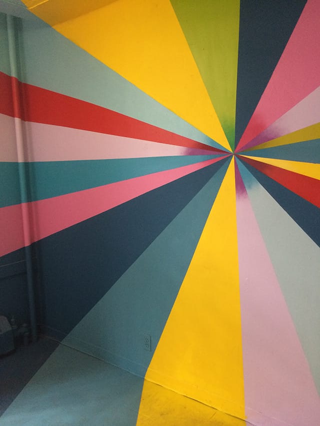Colorful rooms typified the vibe at 21st Precinct (all photos by the author for Hyperallergic)