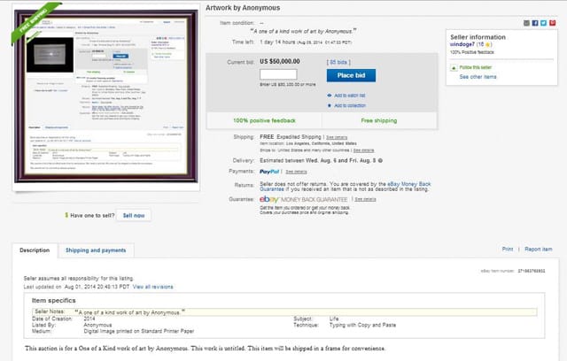 The eBay item featuring the eBay post of the eBay item selling a 4chan post as art. (via eBay)