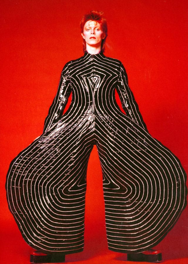David Bowie's striped bodysuit for the 'Aladdin Sane' Tour (1973), design by Kansai Yamamoto (photo by Masayoshi Sukita, © Sukita / The David Bowie Archive)