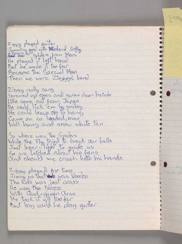 David Bowie, original lyrics for "Ziggy Stardust" (1972) (courtesy the David Bowie Archive, image © Victoria and Albert Museum)